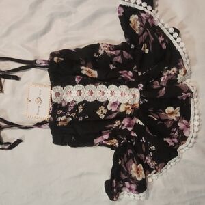 Floral Black and Purple Dress with Lace Trim